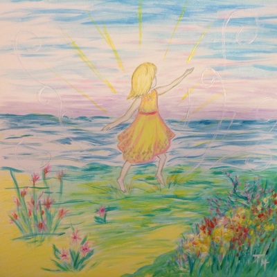 Painting of little girl running on the beach by Pam Herrick, artist at Just For You Prophetic Art
