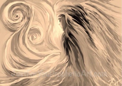 Angel praying in swirls of clouds by Pam Herrick at Just For You Prophetic Art