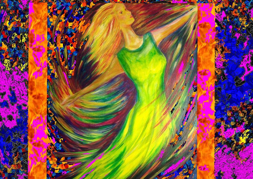 Prophetic Art painting of girl dancing in colors worshiping the Lord with arms raised, by Pam Herrick, artist at Just For You Prophetic Art