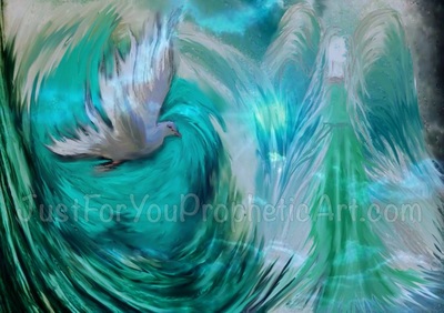 Angel Dove Holy Spirit in clouds prophetic art painting by Pam Herrick Prophetic Art.