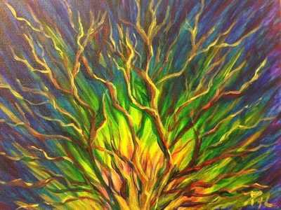 Burning Bush painting glowing green with bare branches like a tree by Pam Herrick at Just For You Prophetic Art