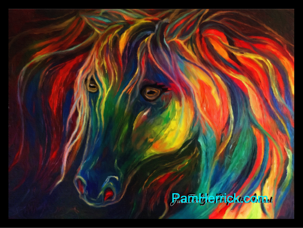  Horse painting, long flowing mane, vivid rainbow colors by Pam Herrick at Just For You Prophetic Art