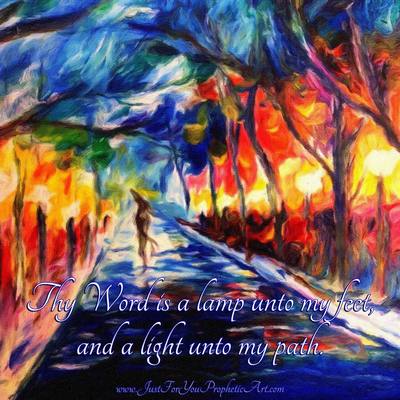 Colorful lamp lit path painting by Pam Herrick Prophetic Art.
