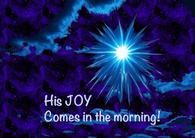 Starry blue night painting  with quote His joy comes in the morning, by Pam Herrick artist at Just For You Prophetic Art 