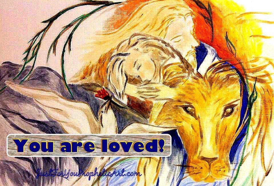 Prophetic art painting of Lion of Judah, Jesus hugging girl, Holy Spirit Dove and living water, by Pam Herrick, artist at Just For You Prophetic Art 