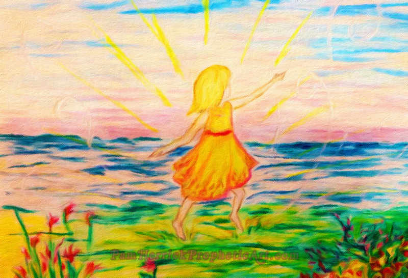 Little Girl Dancing on the beach in God's Love, prophetic art painting by Pam Herrick Prophetic Art.