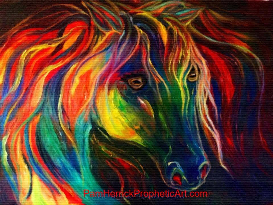 Rainbow colored horse painting, Just For You Prophetic Art - Pam Herrick