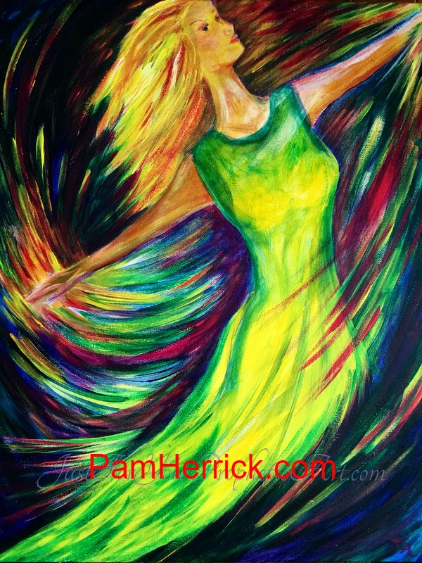 Prophetic art, woman dancing, praising and worship in rainbow colors painting by artist Pam Herrick